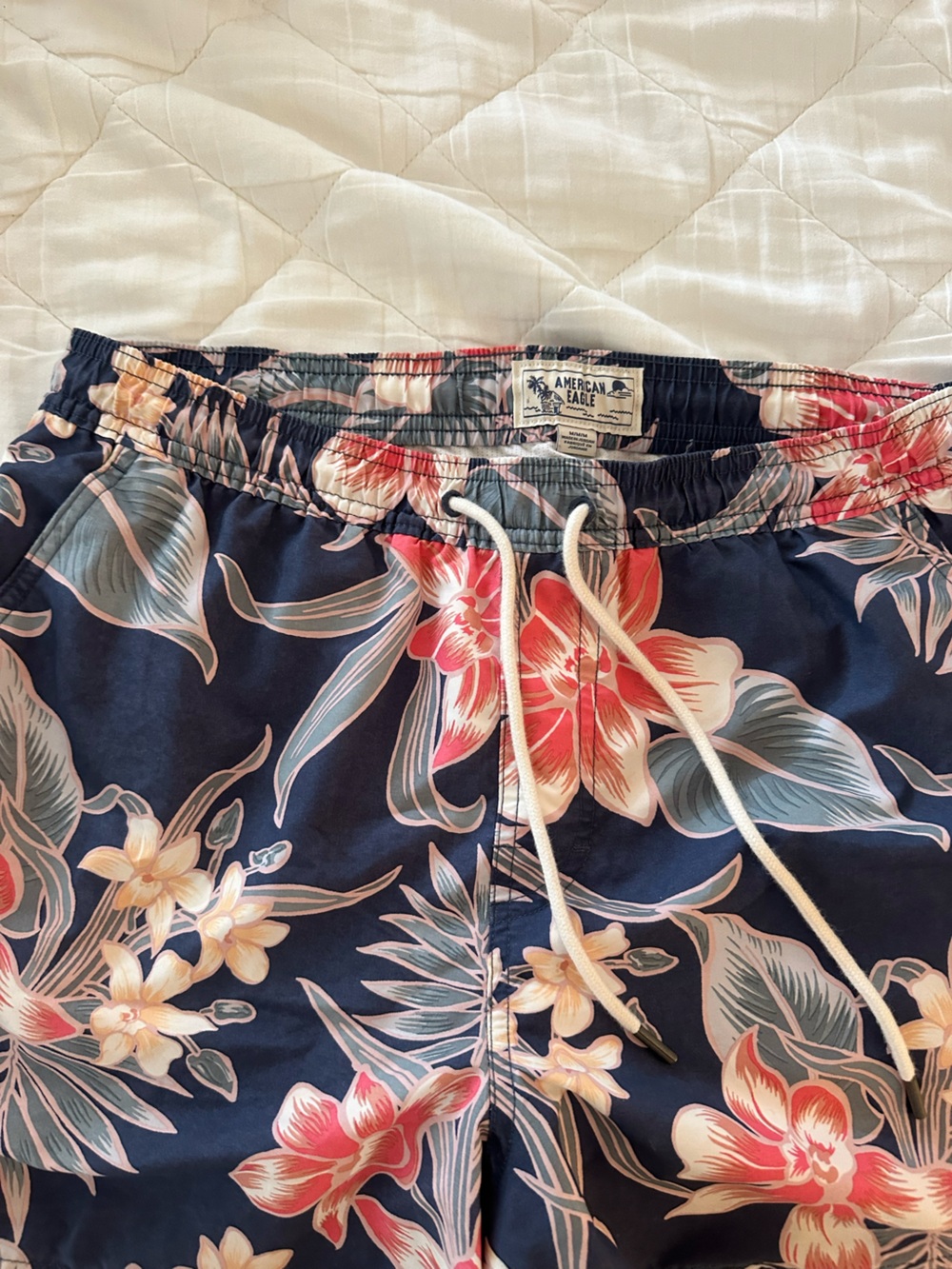 American Eagle Outfitters Navy Swim Trunks with Pink and Cream Floral Print